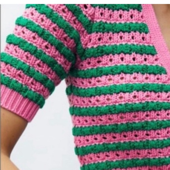 Zara Barbiecore Striped Green and Pink Cropped Cardigan Size S - Picture 2 of 2